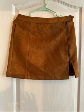 white birch Cognac Faux Suede Mini Skirt with Side Zip Detail